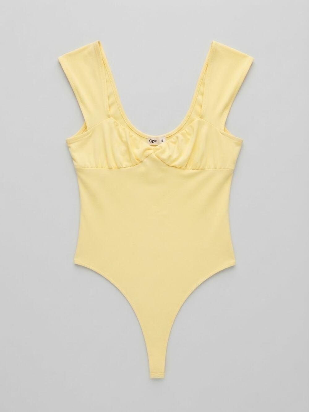 Open Edit Womens Bodysuit Size Medium Yellow Ruched Scoop Neck Thong Chic